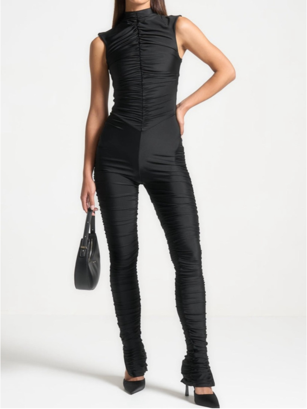Manière De Voir Black Ruched Catsuit Jumpsuit US 6 Bodycon Y2K sleeveless